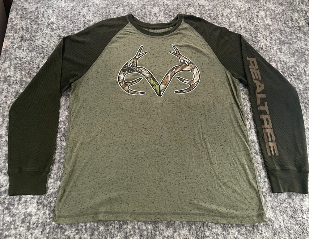 Realtree Raglan Shirt Mens XL Green Camo Thermal Sleeve Hunting Outdoor